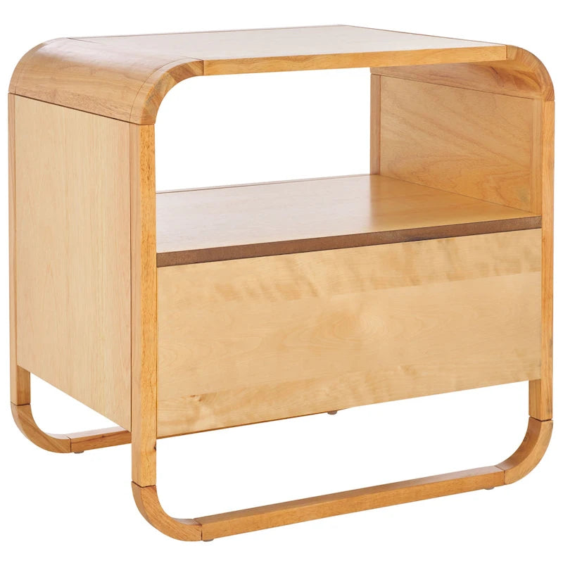 Table de chevet en hévéa (noir/naturel/blanc/noyer) avec tiroir en rotin et étagère ouverte – Unité individuelle