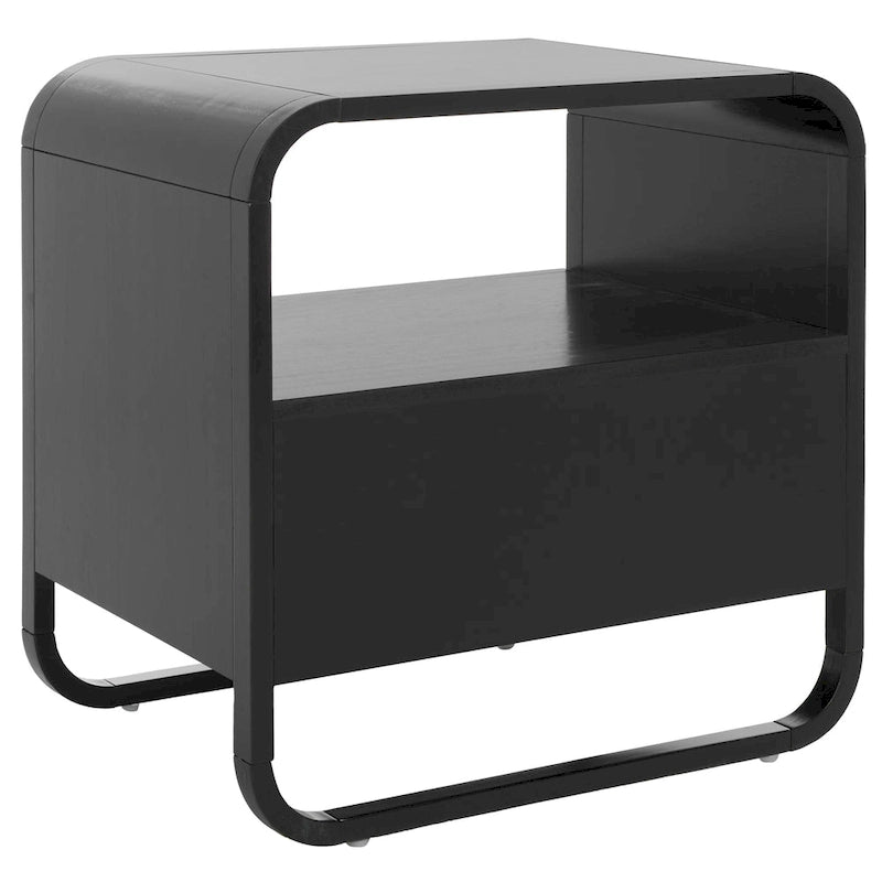 Table de chevet en hévéa (noir/naturel/blanc/noyer) avec tiroir en rotin et étagère ouverte – Unité individuelle
