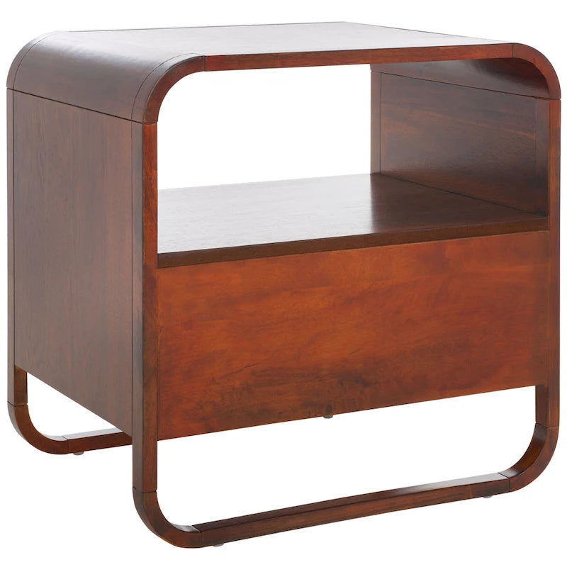 Table de chevet en hévéa (noir/naturel/blanc/noyer) avec tiroir en rotin et étagère ouverte – Unité individuelle