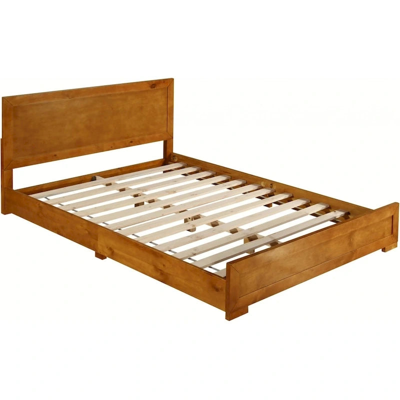 Lit Plateforme King en Bois Massif Chêne Naturel avec Panneaux Incrustés en Chêne, Tête et Pied de Lit – Simple