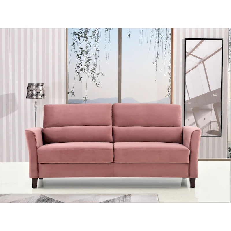 Canapé en velours rose / gris / ivoire / bleu foncé avec accoudoirs inclinés de style Mid-Century – 198 cm, 3 places