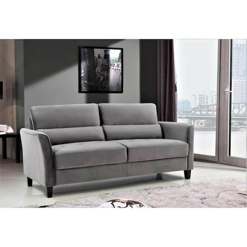 Canapé en velours rose / gris / ivoire / bleu foncé avec accoudoirs inclinés de style Mid-Century – 198 cm, 3 places