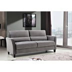 Canapé en velours rose / gris / ivoire / bleu foncé avec accoudoirs inclinés de style Mid-Century – 198 cm, 3 places