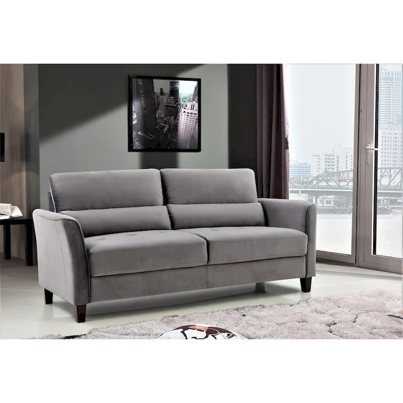 Canapé en velours rose / gris / ivoire / bleu foncé avec accoudoirs inclinés de style Mid-Century – 198 cm, 3 places