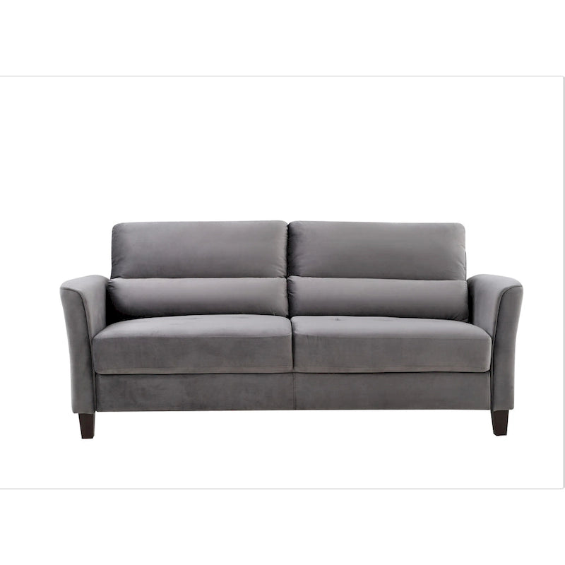 Canapé en velours rose / gris / ivoire / bleu foncé avec accoudoirs inclinés de style Mid-Century – 198 cm, 3 places