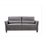 Canapé en velours rose / gris / ivoire / bleu foncé avec accoudoirs inclinés de style Mid-Century – 198 cm, 3 places