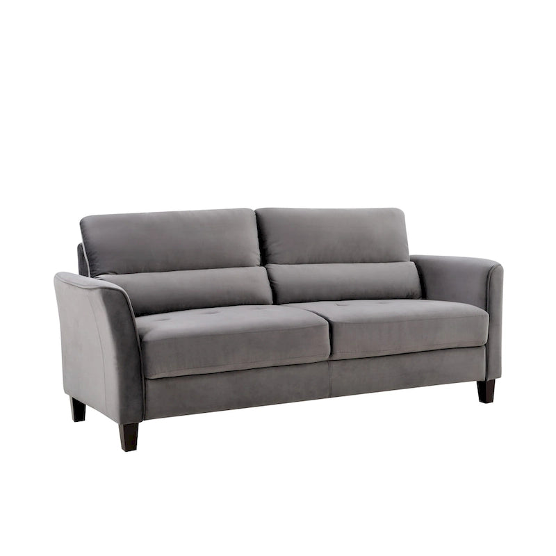 Canapé en velours rose / gris / ivoire / bleu foncé avec accoudoirs inclinés de style Mid-Century – 198 cm, 3 places