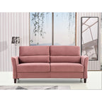 Canapé en velours rose / gris / ivoire / bleu foncé avec accoudoirs inclinés de style Mid-Century – 198 cm, 3 places
