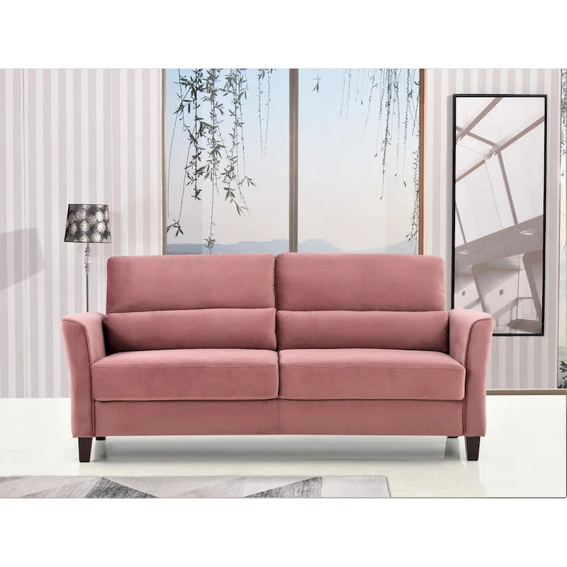 Canapé en velours rose / gris / ivoire / bleu foncé avec accoudoirs inclinés de style Mid-Century – 198 cm, 3 places