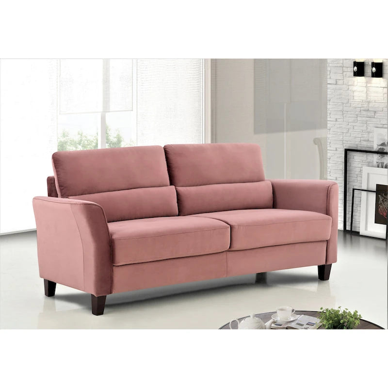 Canapé en velours rose / gris / ivoire / bleu foncé avec accoudoirs inclinés de style Mid-Century – 198 cm, 3 places