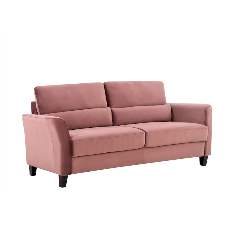 Canapé en velours rose / gris / ivoire / bleu foncé avec accoudoirs inclinés de style Mid-Century – 198 cm, 3 places