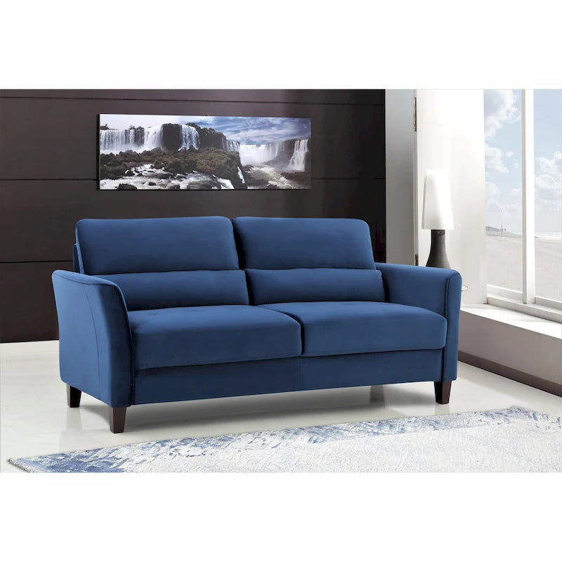 Canapé en velours rose / gris / ivoire / bleu foncé avec accoudoirs inclinés de style Mid-Century – 198 cm, 3 places