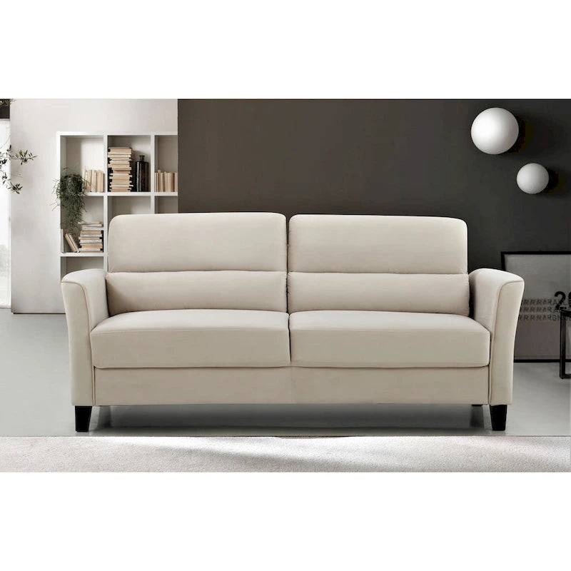 Canapé en velours rose / gris / ivoire / bleu foncé avec accoudoirs inclinés de style Mid-Century – 198 cm, 3 places