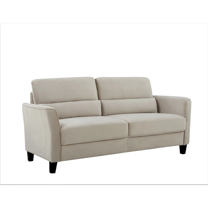Canapé en velours rose / gris / ivoire / bleu foncé avec accoudoirs inclinés de style Mid-Century – 198 cm, 3 places