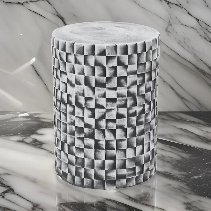 Tabouret/table cylindrique en céramique grise avec texture géométrique 3D – Unité