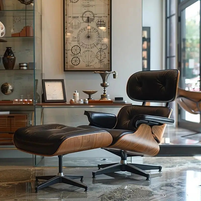 Fauteuil de salon en cuir pleine fleur noyer avec ottoman et inclinaison de 15° – Simple