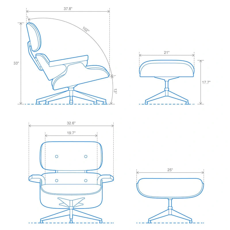Fauteuil de salon en cuir pleine fleur noyer avec ottoman et inclinaison de 15° – Simple