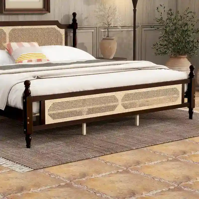 Lit plateforme bas Espresso King avec tête et pied de lit en rotin – 2 personnes