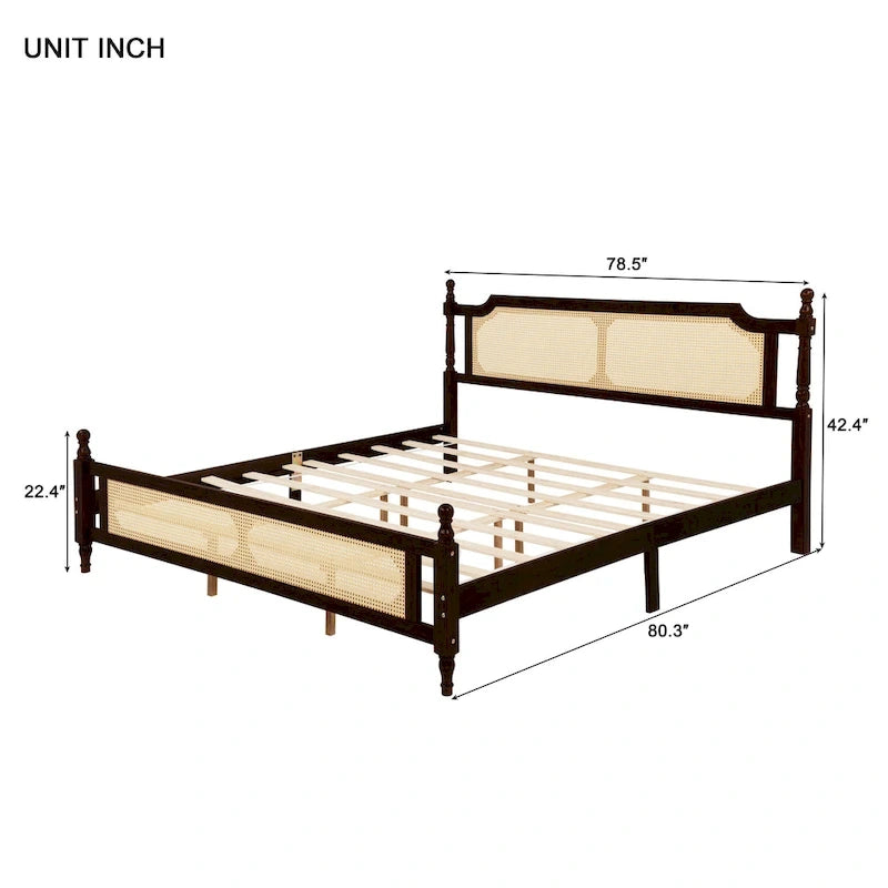 Lit plateforme bas Espresso King avec tête et pied de lit en rotin – 2 personnes