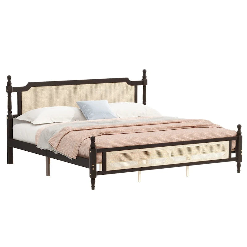 Lit plateforme bas Espresso King avec tête et pied de lit en rotin – 2 personnes