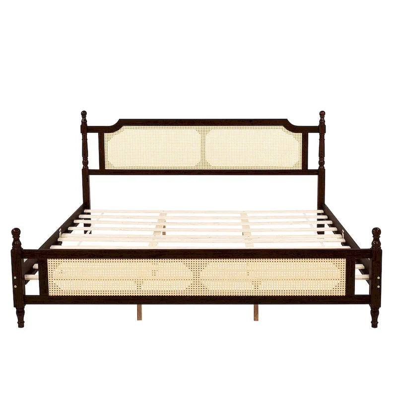 Lit plateforme bas Espresso King avec tête et pied de lit en rotin – 2 personnes