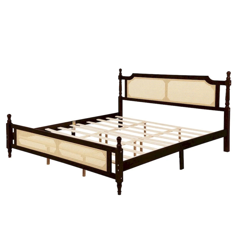 Lit plateforme bas Espresso King avec tête et pied de lit en rotin – 2 personnes
