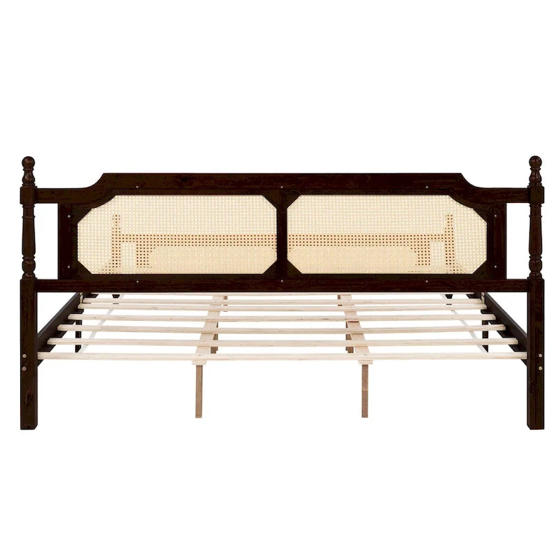Lit plateforme bas Espresso King avec tête et pied de lit en rotin – 2 personnes