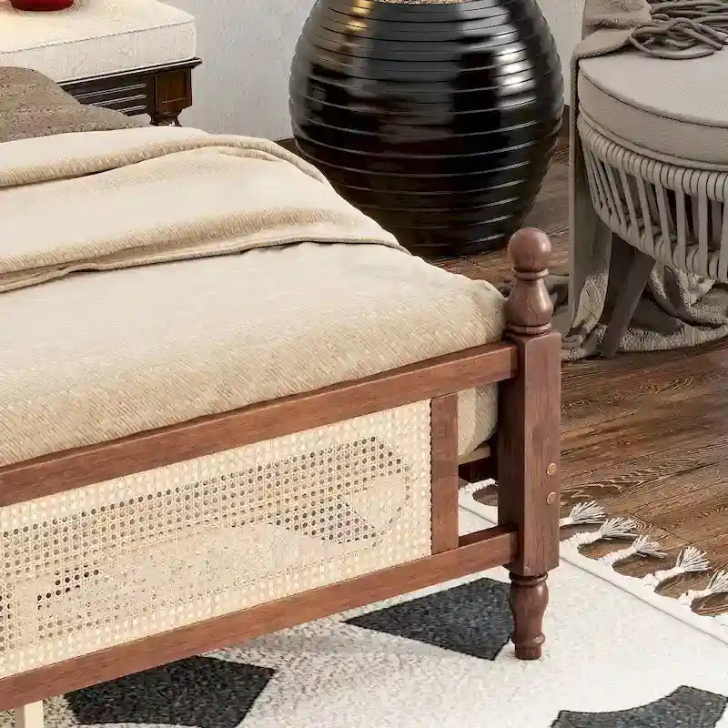 Lit plateforme bas Espresso King avec tête et pied de lit en rotin – 2 personnes