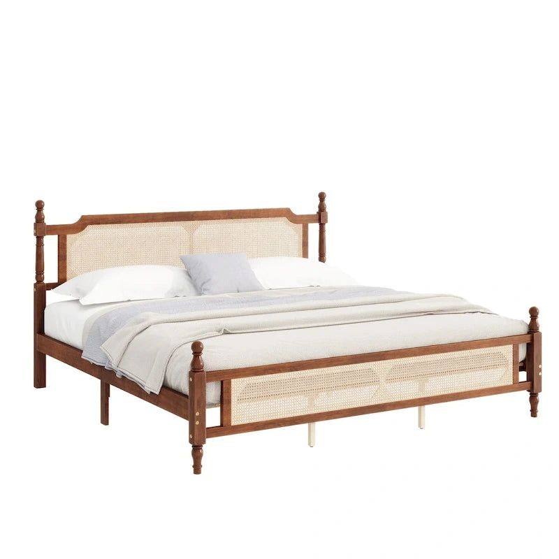 Lit plateforme bas Espresso King avec tête et pied de lit en rotin – 2 personnes