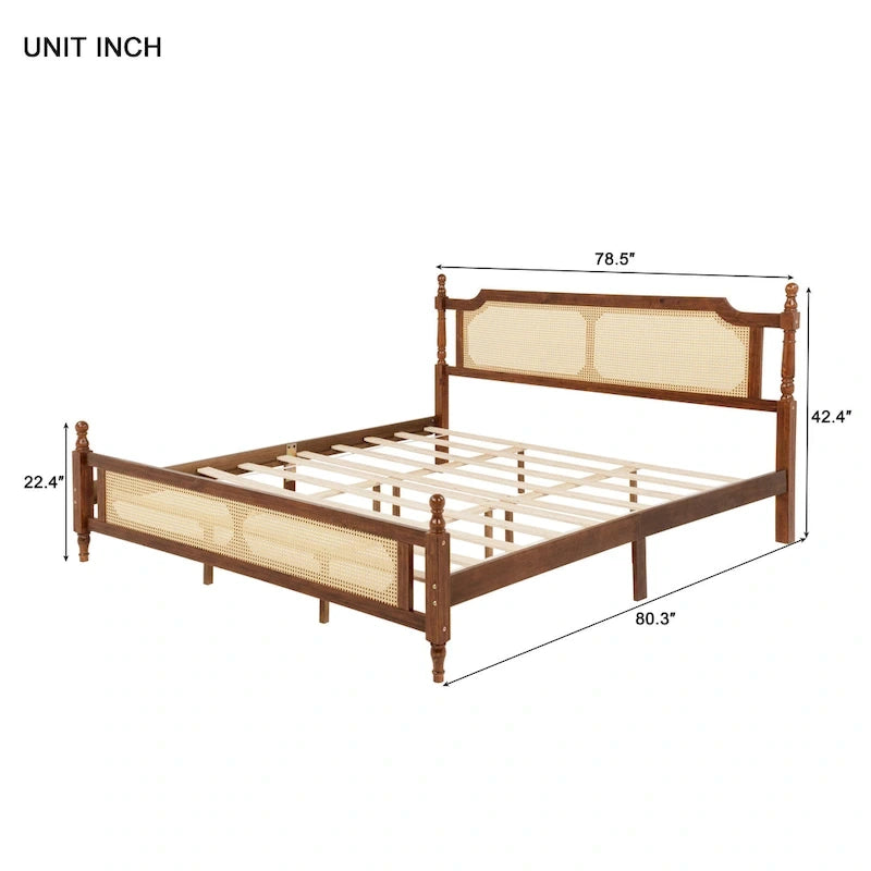 Lit plateforme bas Espresso King avec tête et pied de lit en rotin – 2 personnes