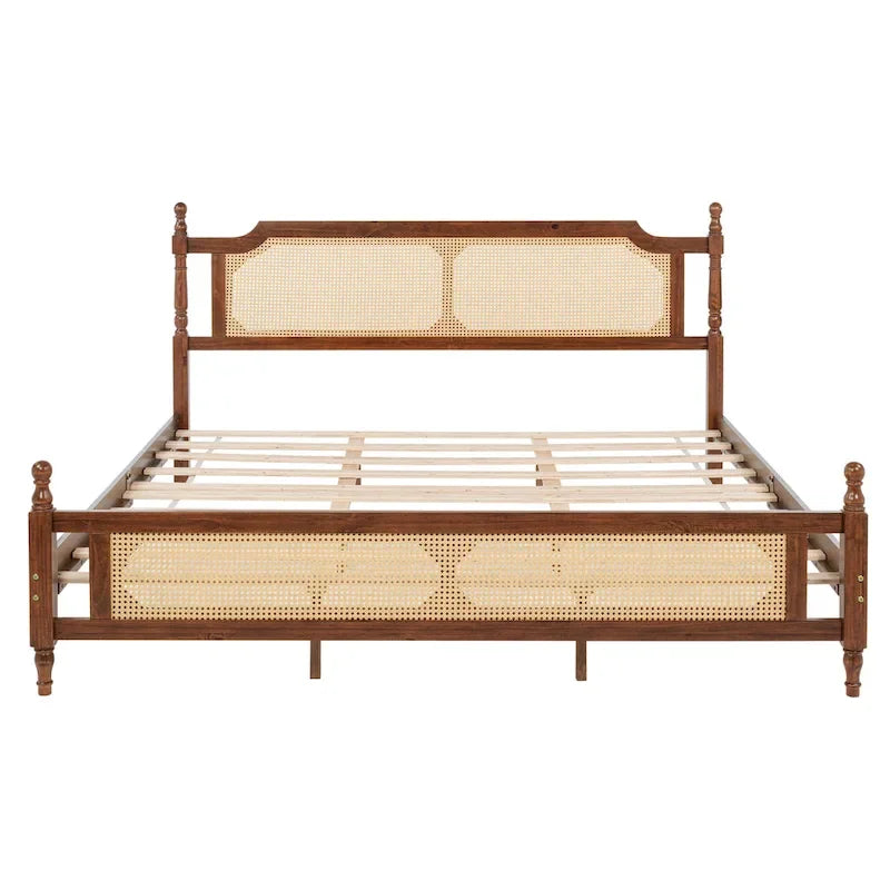 Lit plateforme bas Espresso King avec tête et pied de lit en rotin – 2 personnes