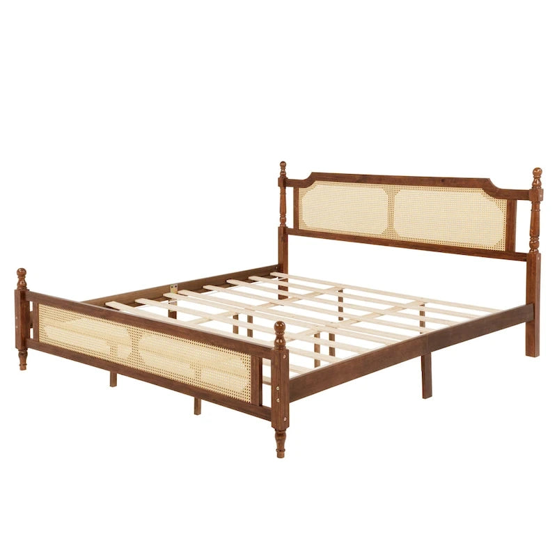 Lit plateforme bas Espresso King avec tête et pied de lit en rotin – 2 personnes