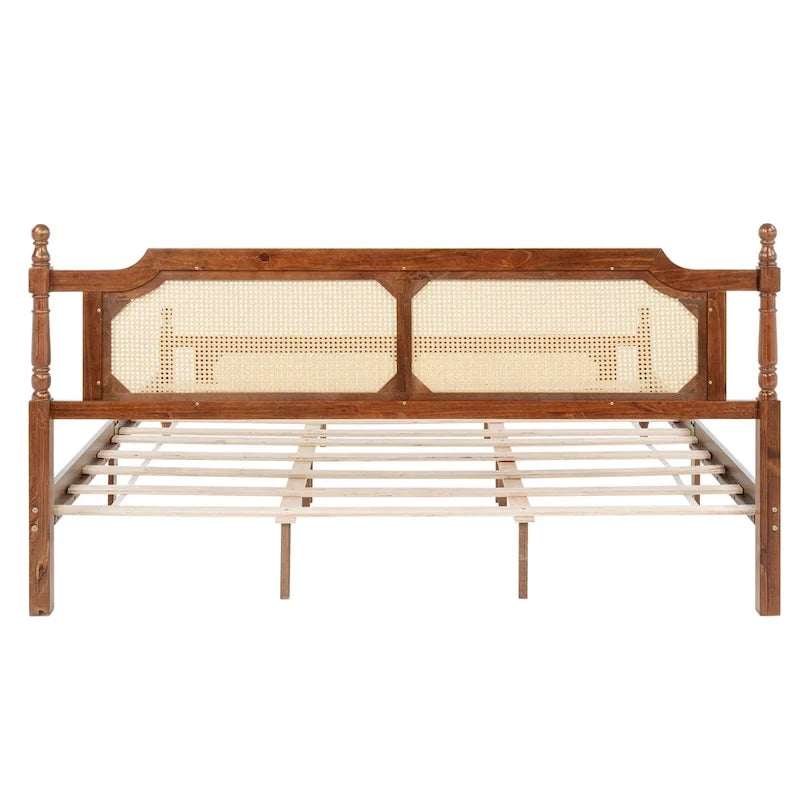 Lit plateforme bas Espresso King avec tête et pied de lit en rotin – 2 personnes