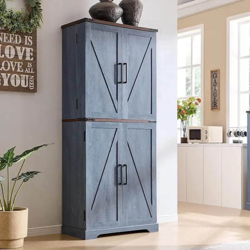 Meuble de rangement rustique pour garde-manger de cuisine avec portes de grange et tiroir – 183 cm H