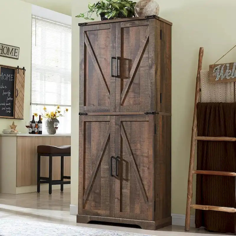 Meuble de rangement rustique pour garde-manger de cuisine avec portes de grange et tiroir – 183 cm H