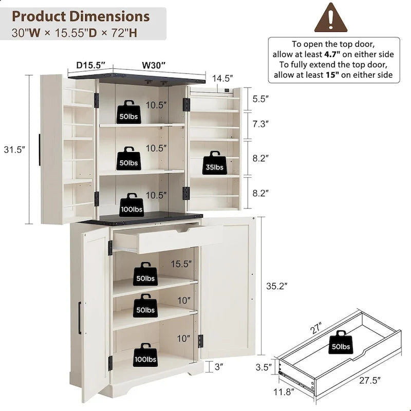 Meuble de rangement rustique pour garde-manger de cuisine avec portes de grange et tiroir – 183 cm H