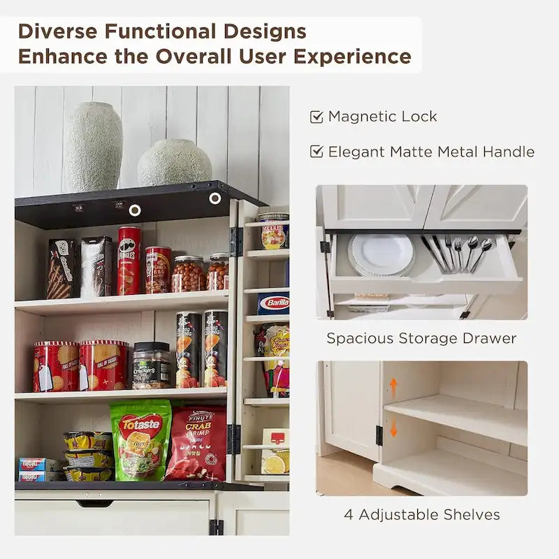 Meuble de rangement rustique pour garde-manger de cuisine avec portes de grange et tiroir – 183 cm H