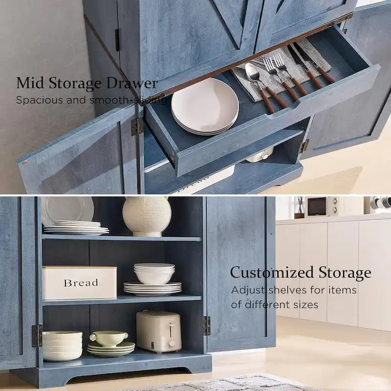 Meuble de rangement rustique pour garde-manger de cuisine avec portes de grange et tiroir – 183 cm H