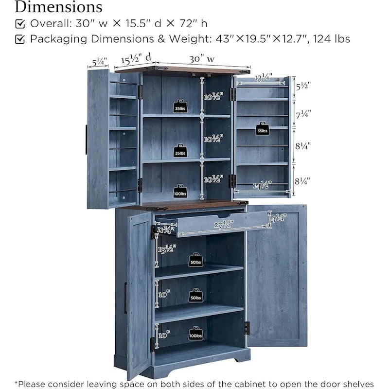 Meuble de rangement rustique pour garde-manger de cuisine avec portes de grange et tiroir – 183 cm H