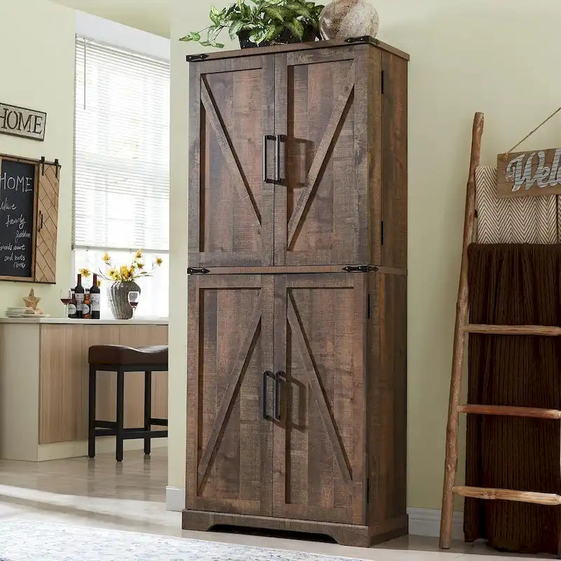 Meuble de rangement rustique pour garde-manger de cuisine avec portes de grange et tiroir – 183 cm H