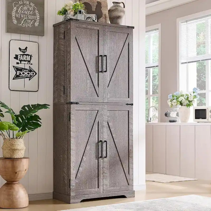 Meuble de rangement rustique pour garde-manger de cuisine avec portes de grange et tiroir – 183 cm H