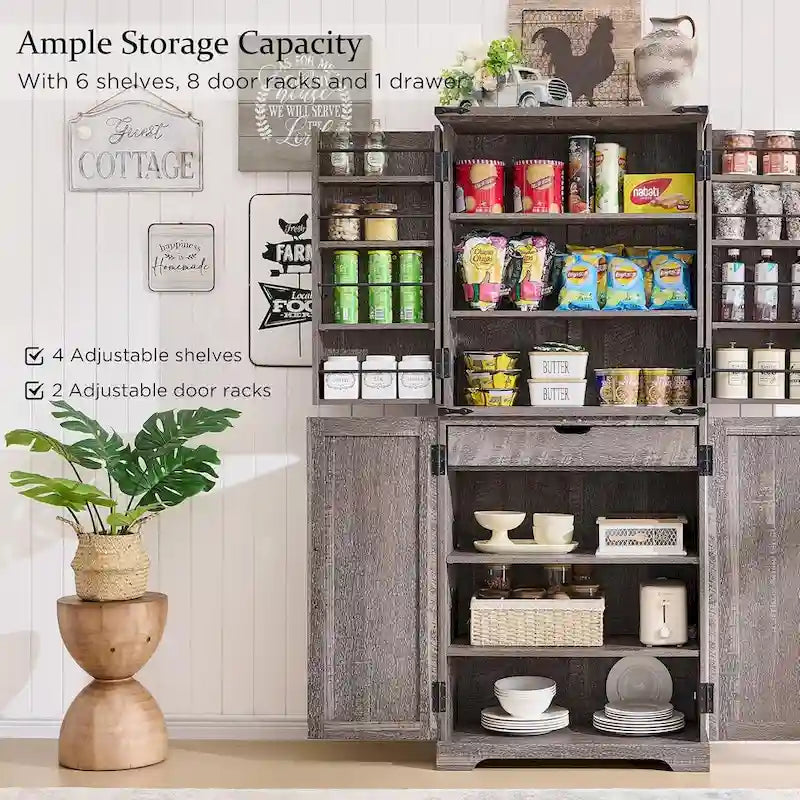 Meuble de rangement rustique pour garde-manger de cuisine avec portes de grange et tiroir – 183 cm H