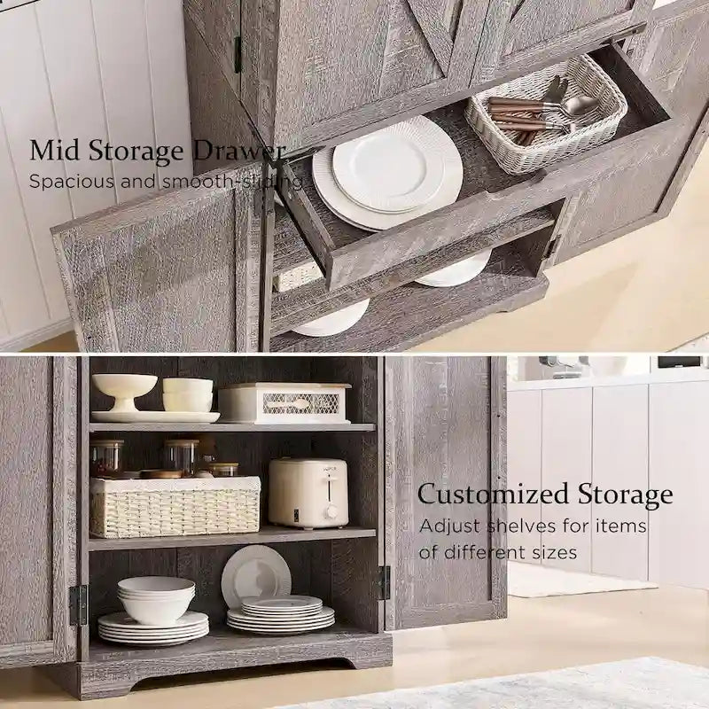 Meuble de rangement rustique pour garde-manger de cuisine avec portes de grange et tiroir – 183 cm H