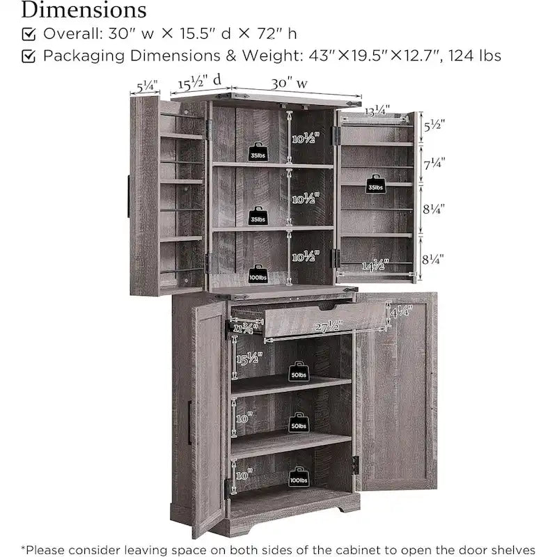 Meuble de rangement rustique pour garde-manger de cuisine avec portes de grange et tiroir – 183 cm H