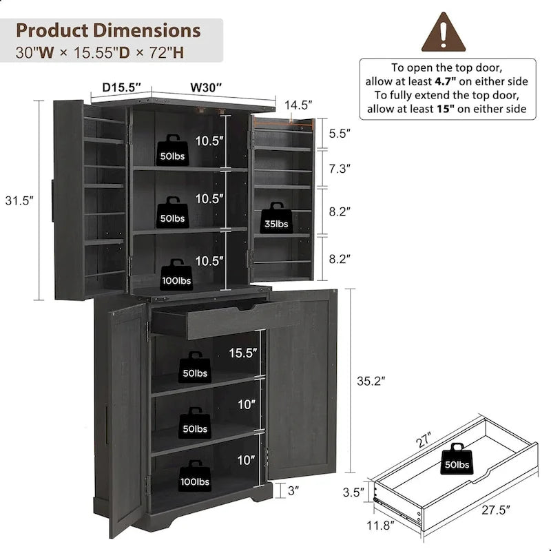 Meuble de rangement rustique pour garde-manger de cuisine avec portes de grange et tiroir – 183 cm H
