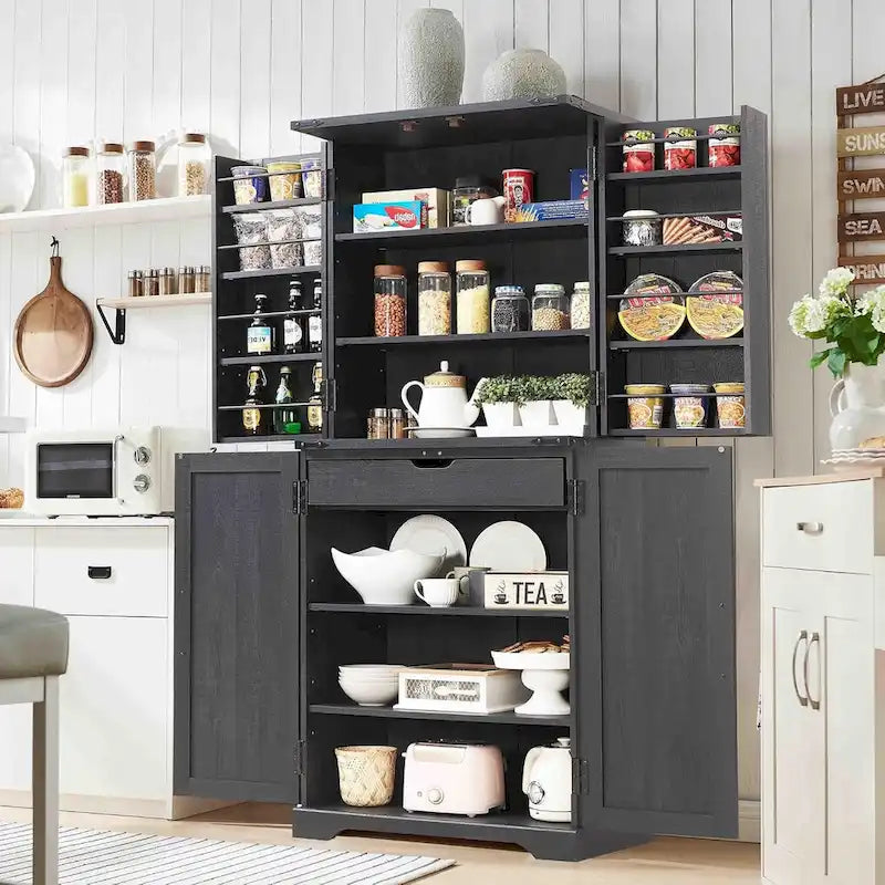 Meuble de rangement rustique pour garde-manger de cuisine avec portes de grange et tiroir – 183 cm H