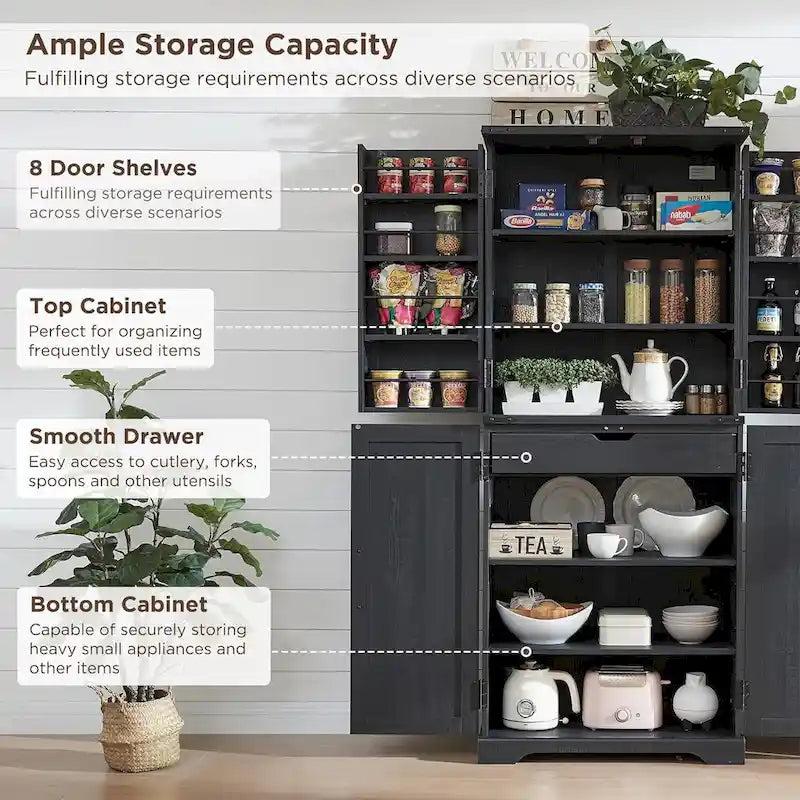 Meuble de rangement rustique pour garde-manger de cuisine avec portes de grange et tiroir – 183 cm H