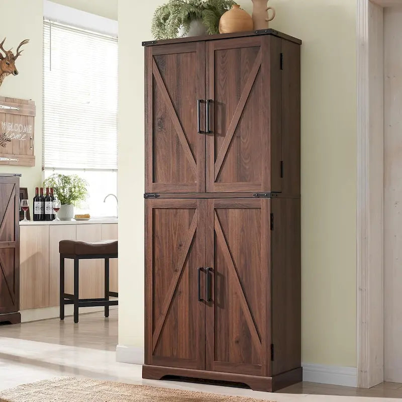Meuble de rangement rustique pour garde-manger de cuisine avec portes de grange et tiroir – 183 cm H