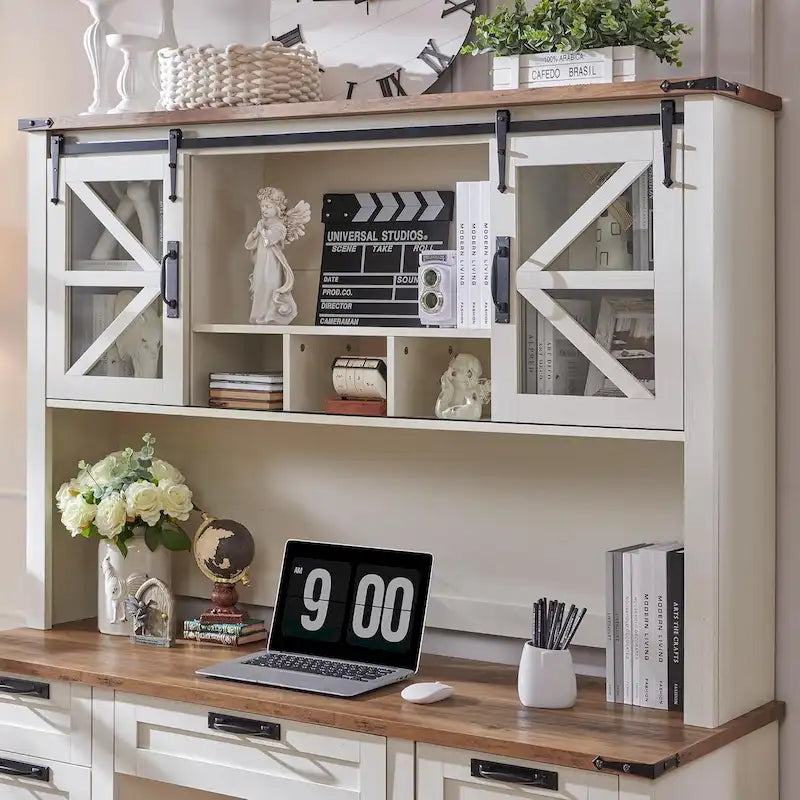 Rehausseur de bureau style campagnard avec portes coulissantes en verre et étagères ouvertes – 107 cm H