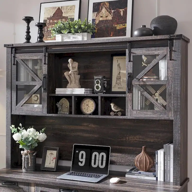 Rehausseur de bureau style campagnard avec portes coulissantes en verre et étagères ouvertes – 107 cm H